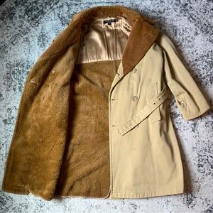 Brooks Brothers long tan “vintage” coat, trench style with “fur”. Size 38.